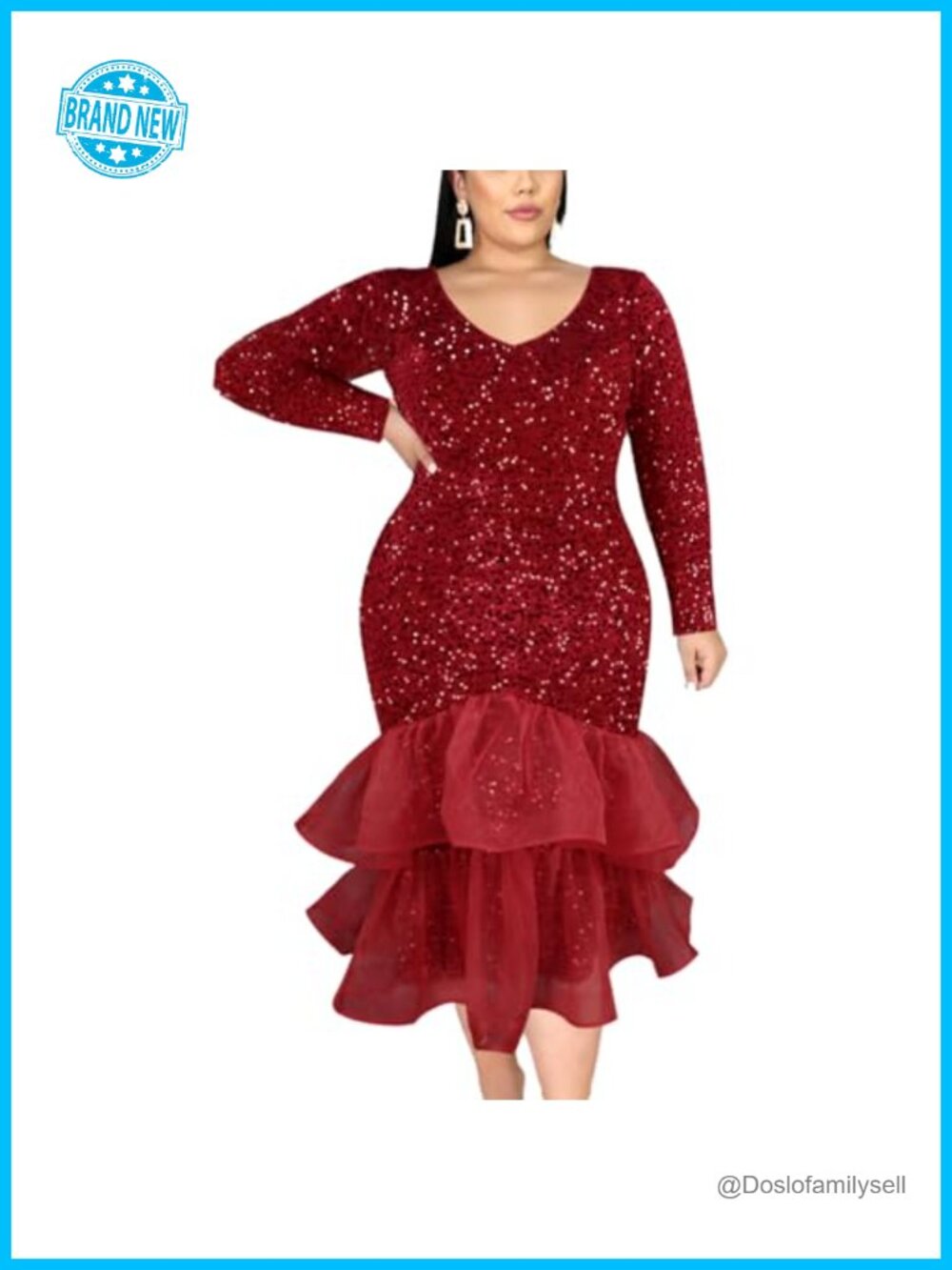 Plus Size Sequin Mermaid Maxi Dress Long Sleeve V-Neck Mesh Evening Gown